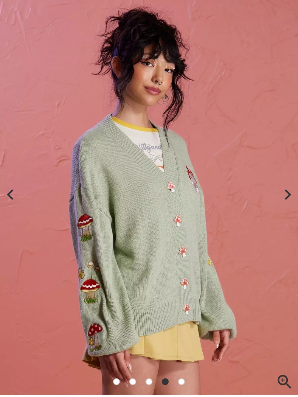 Hello Kitty Mint Green Mushroom-Embroidered V-Neck Cardigan Size Medium - Picture 4 of 12